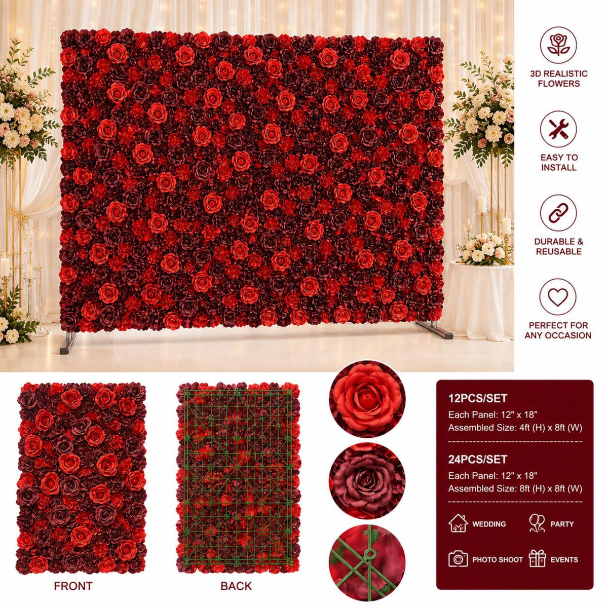 8X8ft 24pcs/Set | Red 3D Fabric Flower Wall Panel | Wedding Photo Backdrop