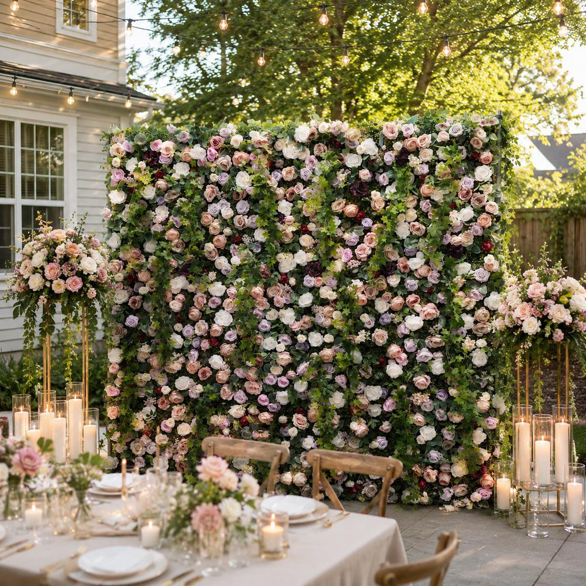 Luxury Garden Flower Wall Backdrop, Pink Purple White Rose & Greenery Wall, Wedding Ceremony Decor, Bridal Shower, Baby Shower Backdrop