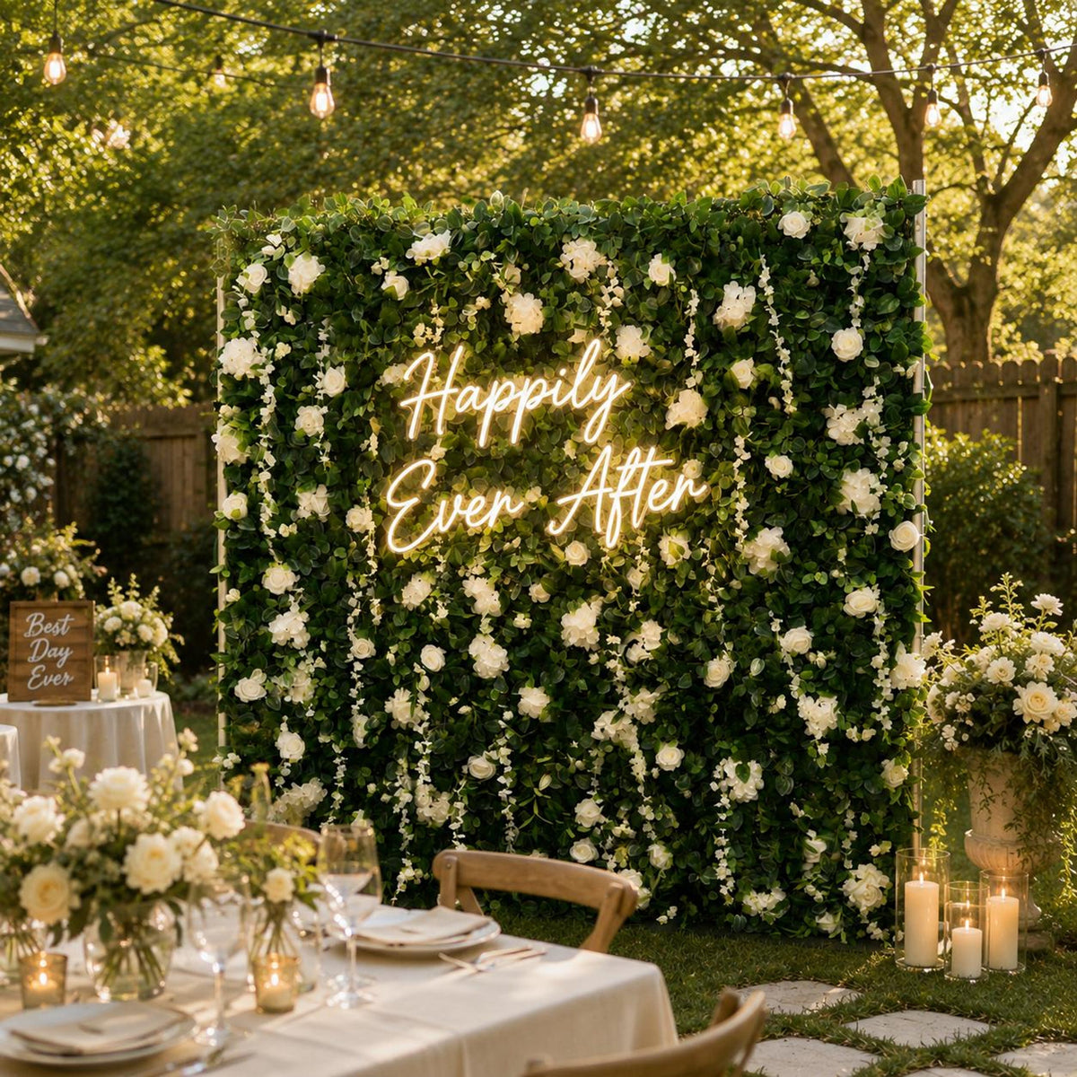 White Rose & Greenery Flower Wall Backdrop | 8x8ft 5D Roll-Up Floral Curtain for Wedding,Photo Booth