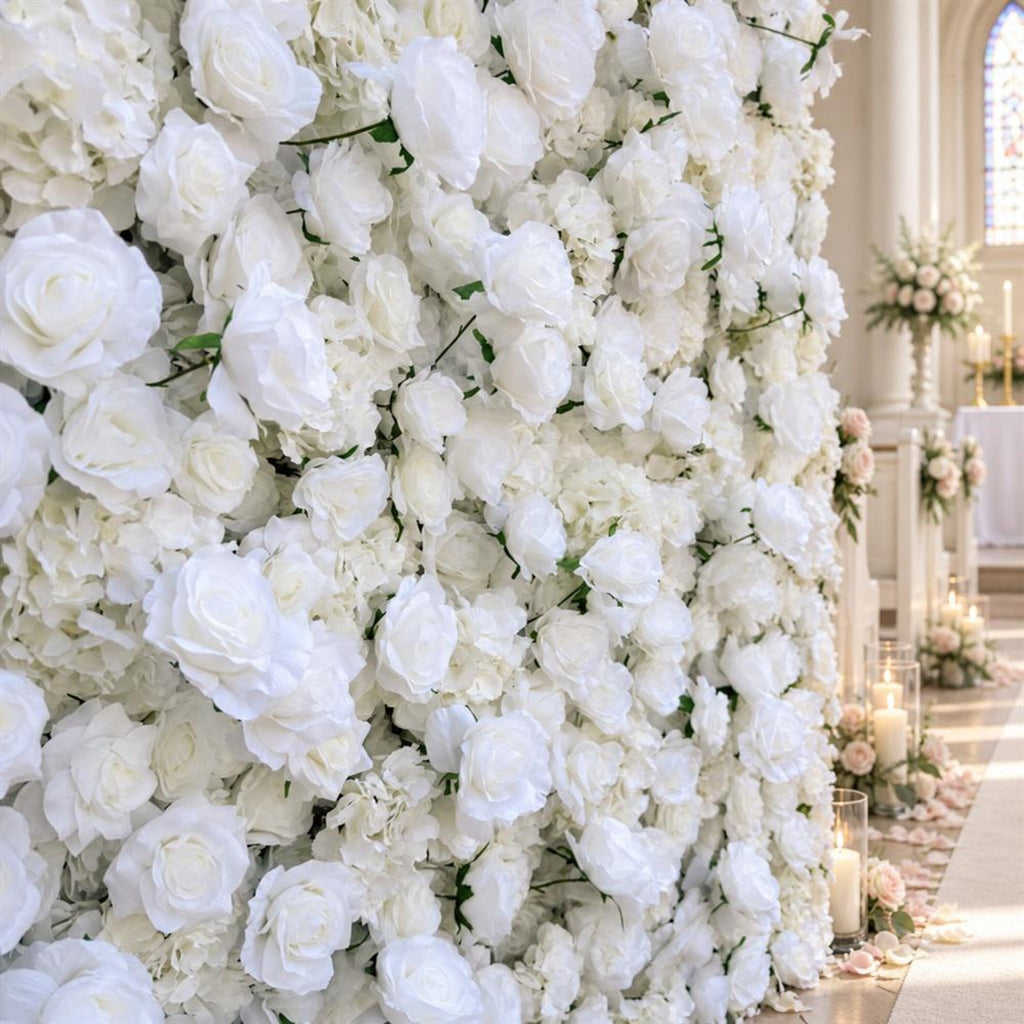 Ships from Houston | 8x8ft White Rose Flower Wall | Roll-Up Fabric Floral Backdrop | Wedding Photo Booth & Party Decor
