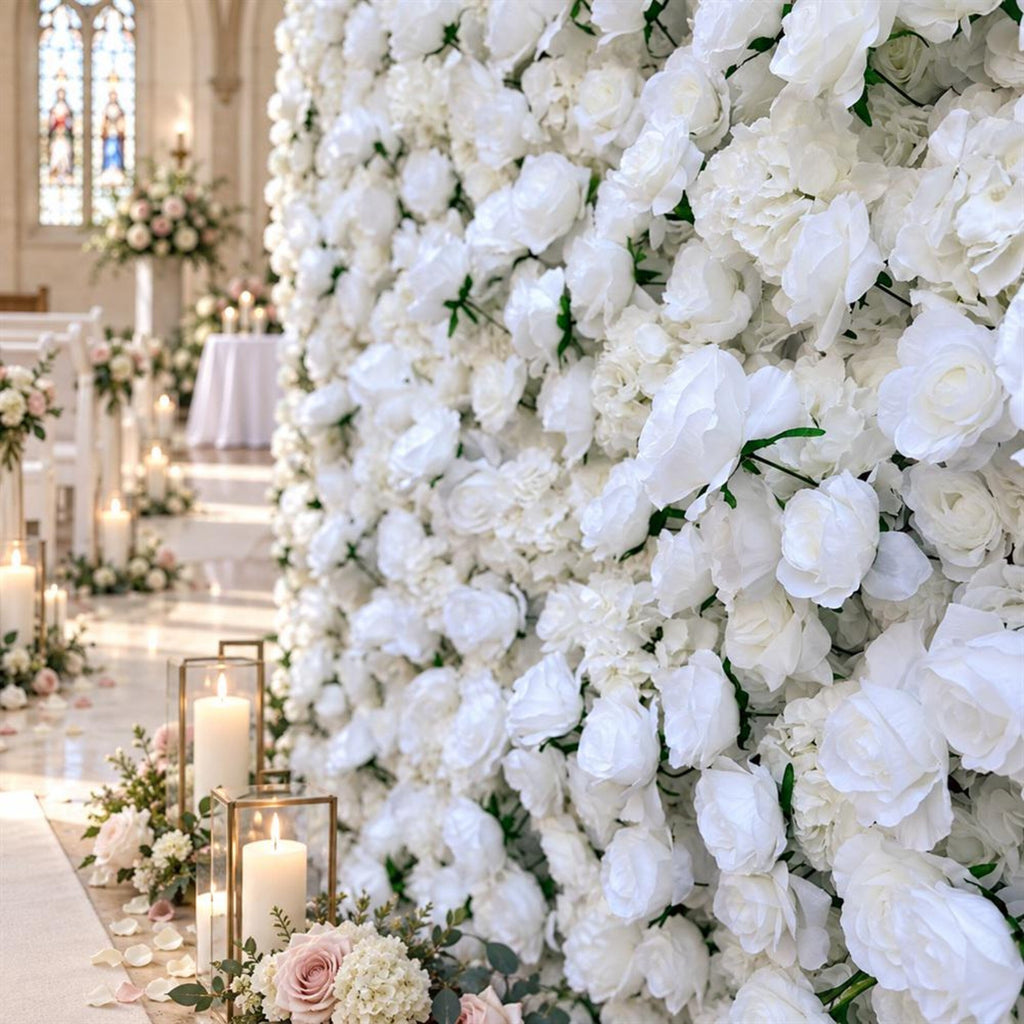 Ships from Houston | 8x8ft White Rose Flower Wall | Roll-Up Fabric Floral Backdrop | Wedding Photo Booth & Party Decor