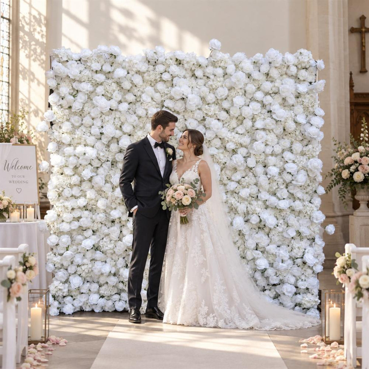 Ships from Houston | 8x8ft White Rose Flower Wall | Roll-Up Fabric Floral Backdrop | Wedding Photo Booth & Party Decor
