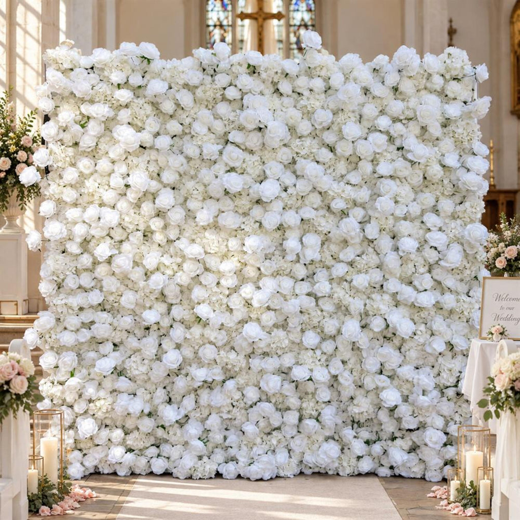 Ships from Houston | 8x8ft White Rose Flower Wall | Roll-Up Fabric Floral Backdrop | Wedding Photo Booth & Party Decor