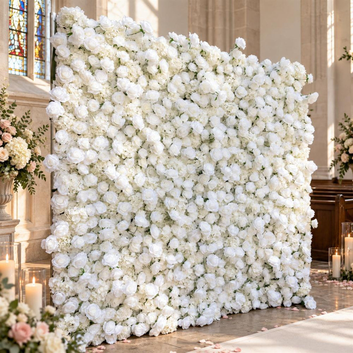 Ships from Houston | 8x8ft White Rose Flower Wall | Roll-Up Fabric Floral Backdrop | Wedding Photo Booth & Party Decor