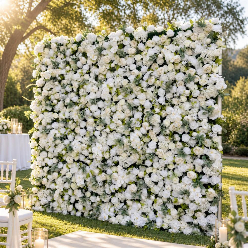 Ships from Houston | 5D White Rose Flower Wall 8x8ft, Fabric Flower Roller Curtain Backdrop, Wedding Party Photo Wall Decor