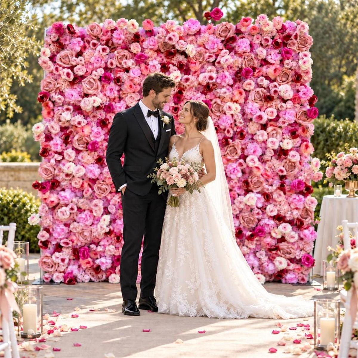 Ships from Houston | 5D Pink Rose Flower Wall 8x8ft, Roll-Up Fabric Backdrop, Artificial Floral Backdrop for Wedding Venue Photo Booth Decor
