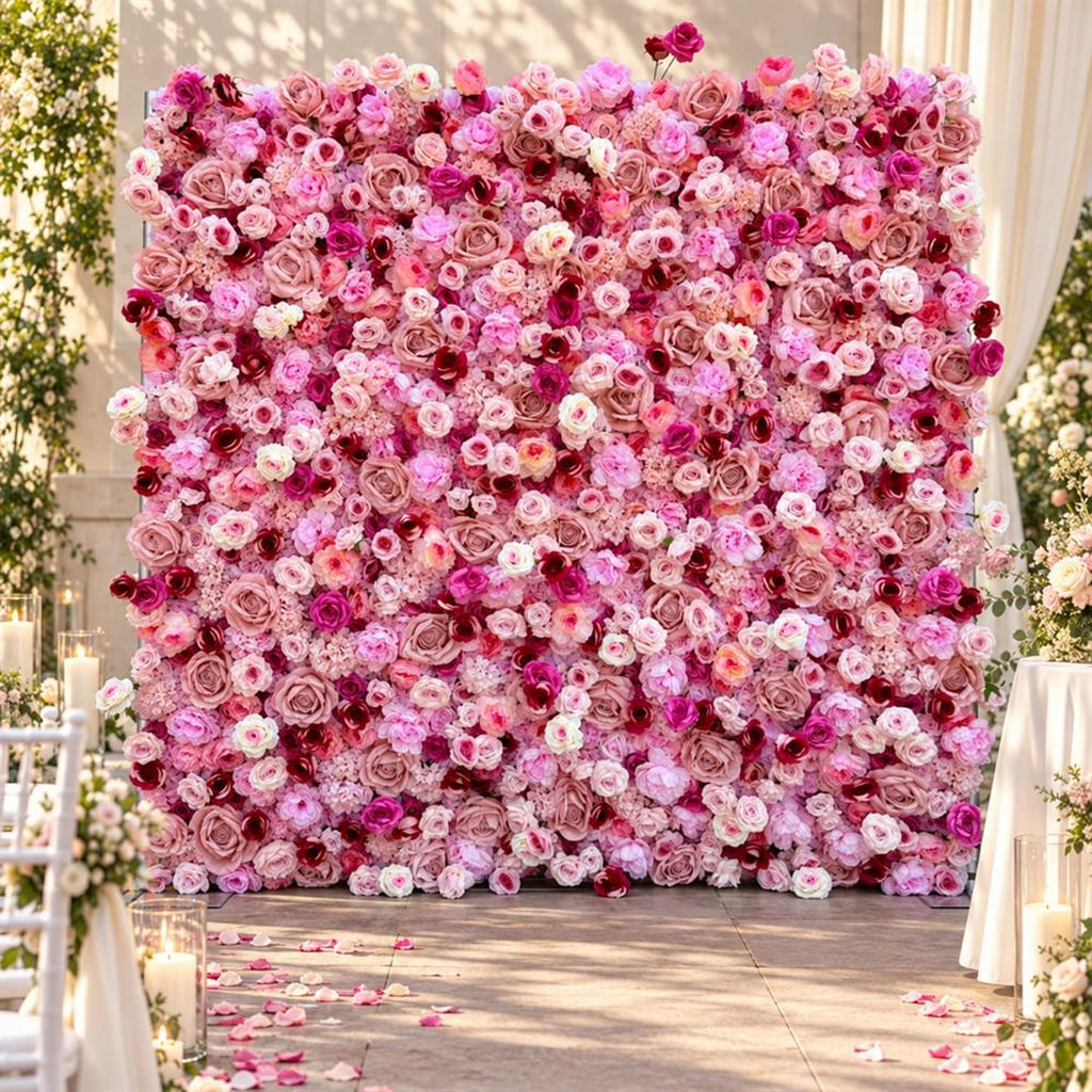 Ships from Houston | 5D Pink Rose Flower Wall 8x8ft, Roll-Up Fabric Backdrop, Artificial Floral Backdrop for Wedding Venue Photo Booth Decor