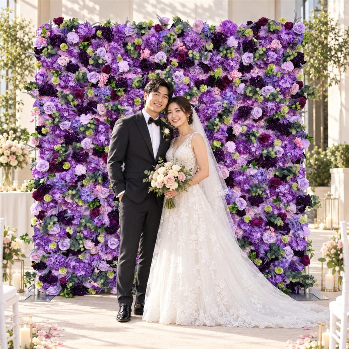 Ships from Houston | 5D Purple Lavender Mixed Rose Flower Wall 8x8ft, Roll-Up Fabric Backdrop, Artificial Wedding Photo Booth Party Decor