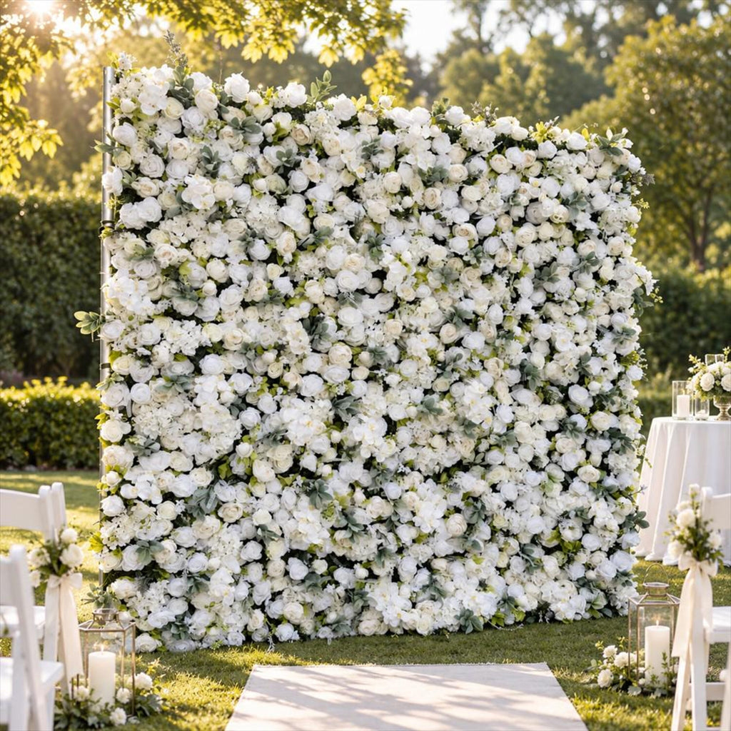 Ships from Houston | 5D White Rose Flower Wall 8x8ft, Fabric Flower Roller Curtain Backdrop, Wedding Party Photo Wall Decor